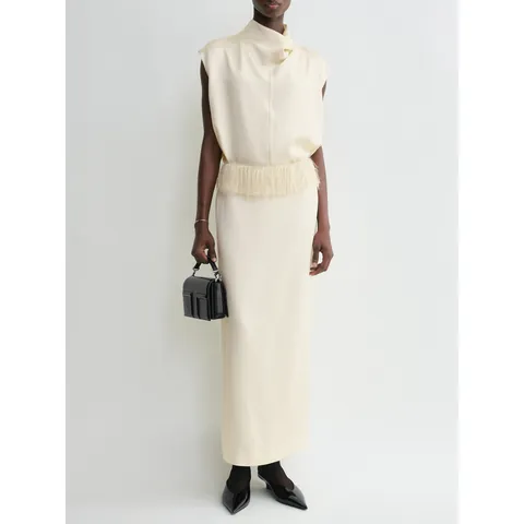 Gonna Longuette in Raso Minimalista da Donna Con Dettaglio Nappine a Frangia Spacco a Vita Alta in Viscosa Acetaia