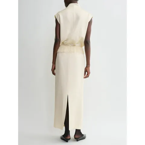 Gonna Longuette in Raso Minimalista da Donna Con Dettaglio Nappine a Frangia Spacco a Vita Alta in Viscosa Acetaia
