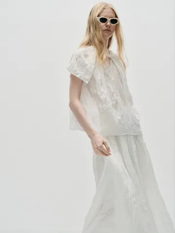 Noords Minimalistisch Textuur Plooi Korte Mouw Top En Maxi Rok Set V-Hals Casual Zomer Outfit Voor Dames