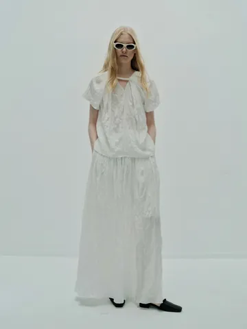 Noords Minimalistisch Textuur Plooi Korte Mouw Top En Maxi Rok Set V-Hals Casual Zomer Outfit Voor Dames
