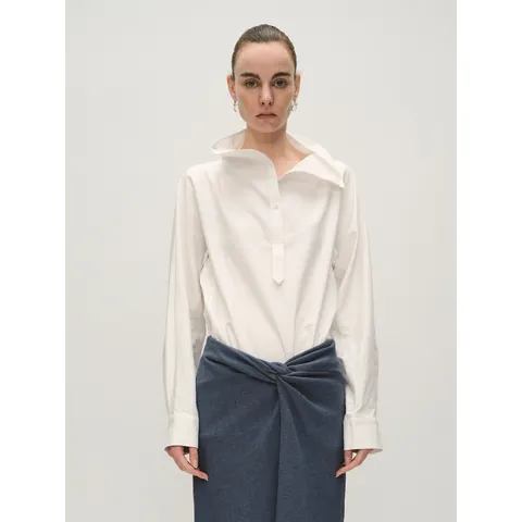 Women's Casual Cotton Tencel Blend Half Placket Long Sleeve Shirt Loose Asymmetric Collar Solid White Blouse For Office Daily