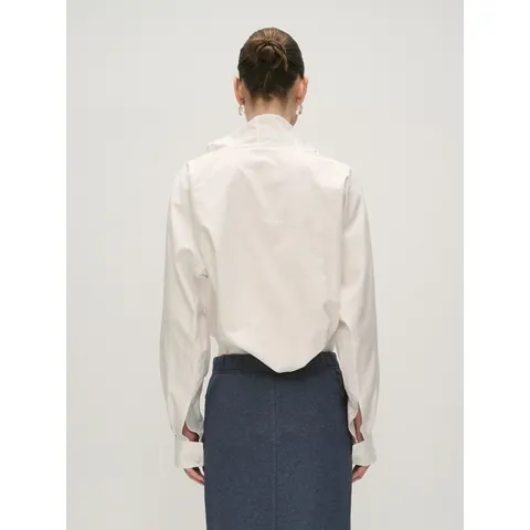 Women's Casual Cotton Tencel Blend Half Placket Long Sleeve Shirt Loose Asymmetric Collar Solid White Blouse For Office Daily