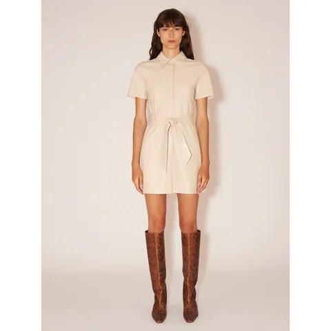 Women PU Leather Short Sleeve Shirt Dress With Belt Simple Solid Color Slim Fit A-Line Mini Dress For Commuter Daily Wear