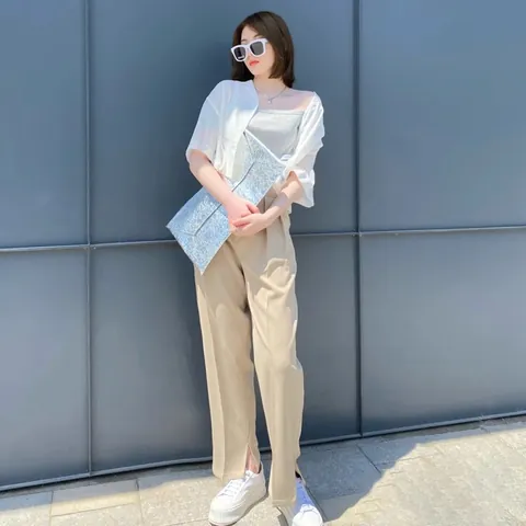 Pantalones de Acetato y Poliéster de Cintura Alta y Pierna Ancha para Mujer Pantalones Casuales con Abertura Lateral para Oficina