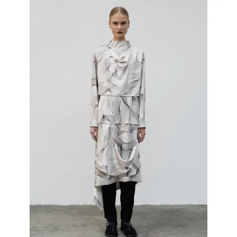 Dames Top Lange Mouwen Gedrapeerde Hals En Asymmetrische Midi Rok Polyester Abstracte Golfprint Minimalistische Outfit