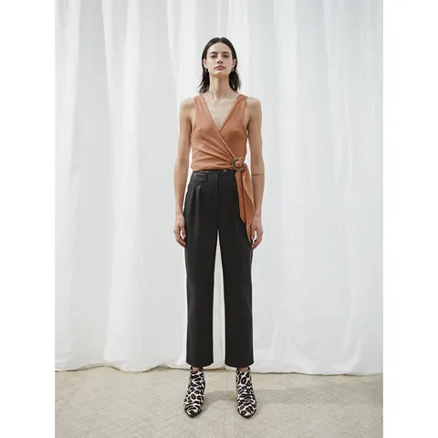 Pantaloni a Vita Alta a Gamba Dritta in Ecopelle da Donna PU Plissettati Lunghezza Caviglia Casual Chic Tinta Unita