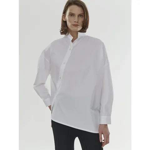 Dames Asymmetrische Opstaande Kraag Lange Mouw Katoenen Overhemd Minimalistisch Losse Wit Blouse Diagonale Knoopsluiting Kantoor Top