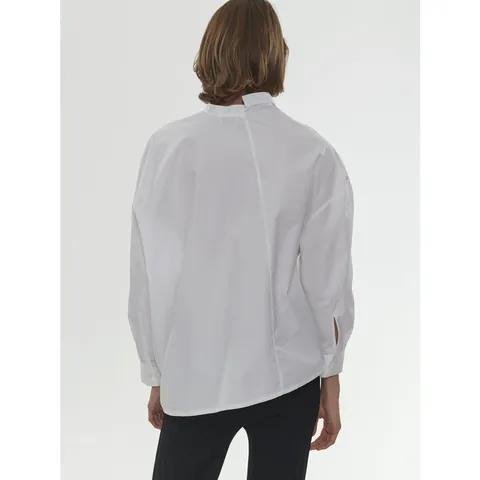 Dames Asymmetrische Opstaande Kraag Lange Mouw Katoenen Overhemd Minimalistisch Losse Wit Blouse Diagonale Knoopsluiting Kantoor Top