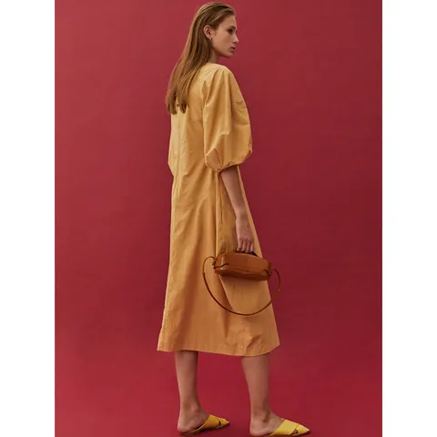 Women's Korean Style Minimalist Round Neck Puff Sleeve Cinched Waist Midi Dress Solid Color Cotton Blend Short Sleeve Dress