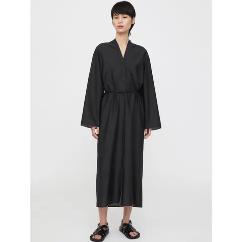 Abito a Camicia Minimalista Nordico in Cotone di Seta Con Cintura Monopetto Scollo a V Manica Lunga Abito Midi da Donna Ufficio