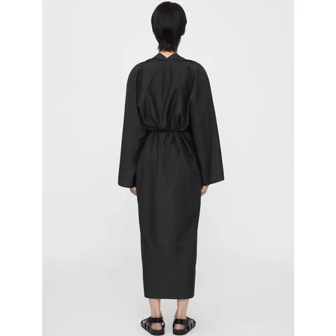 Abito a Camicia Minimalista Nordico in Cotone di Seta Con Cintura Monopetto Scollo a V Manica Lunga Abito Midi da Donna Ufficio