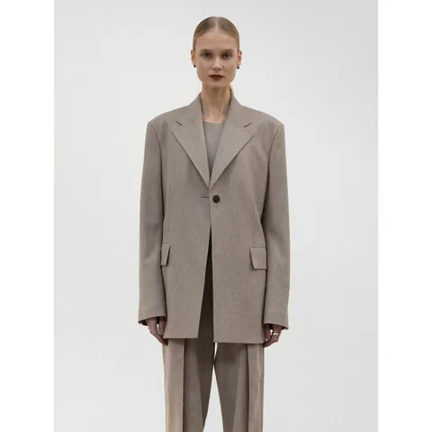 Women Korean Style Loose Oversized Wool Blend Blazer Jacket Single Button Notched Lapel Khaki Solid Color Casual Outerwear