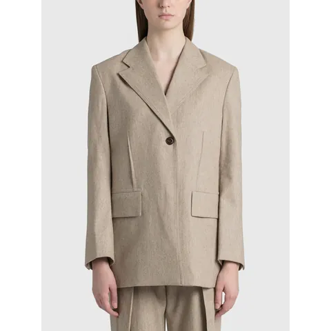 Women Korean Style Loose Oversized Wool Blend Blazer Jacket Single Button Notched Lapel Khaki Solid Color Casual Outerwear
