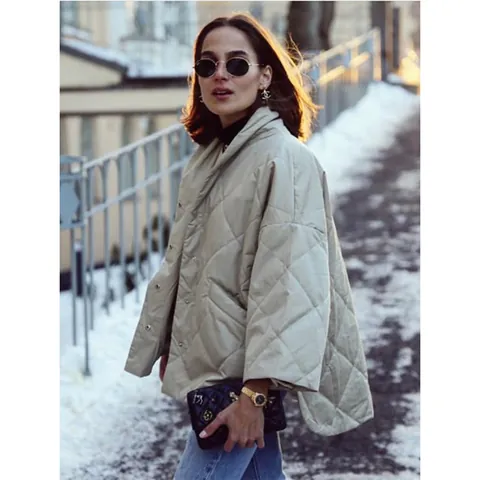 Women's Nordic Minimalist Rhombic Quilted Cotton Jacket Oversized Stand Collar Mid-length Coat With Pockets Solid Color Outerwear