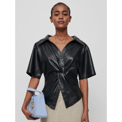 Women's PU Leather Short Sleeve Shirt V Neck Knot Design Solid Color Lapel Slim Fit Top Casual Commute Blouse