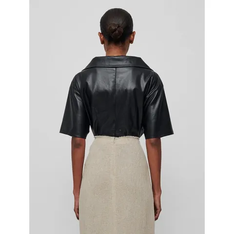 Women's PU Leather Short Sleeve Shirt V Neck Knot Design Solid Color Lapel Slim Fit Top Casual Commute Blouse
