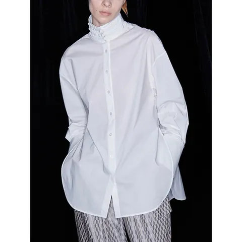 Camicia da Donna in Cotone Bianco Nuovo Stile Cinese Collo alla Coreana Plissettata Larga Blusa Monopetto Oversized