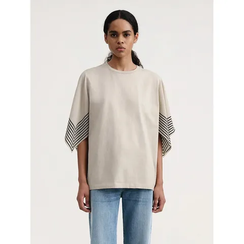 Maglietta da Donna Oversize in Cotone con Manica a Righe Girocollo Vestibilità Larga Casual Pendolare Top Estivo Crema Minimalista