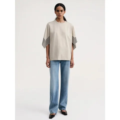 Maglietta da Donna Oversize in Cotone con Manica a Righe Girocollo Vestibilità Larga Casual Pendolare Top Estivo Crema Minimalista