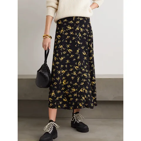 Damen Casual Hohe Taille Midi A-Linien-Rock Mit Einreihigen Knöpfen Schwarz Gelb Blumendruck Viskose Rock