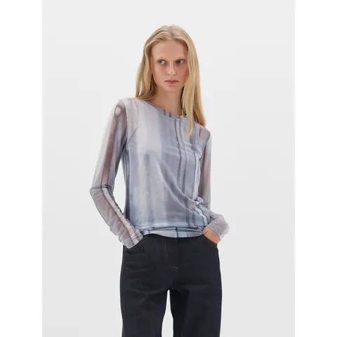 Damen Abstract Print Netz Langarm Top Rundhals Transparent Fake-Zweiteiler Koreanischer Casual Slim Bluse