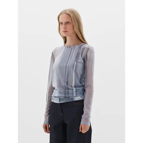 Damen Abstract Print Netz Langarm Top Rundhals Transparent Fake-Zweiteiler Koreanischer Casual Slim Bluse