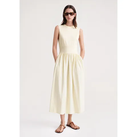 Abito Lungo da Donna Minimalista in Cotone Senza Maniche Girocollo Vita Alta a Pieghe Linea A Pullover Casual Estivo