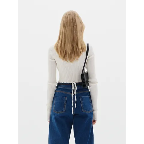 Cardigan en Maille Nervurée à Manches Longues pour Femmes Avec Lacet Col en V Coupe Cintrée Pull Court Élégant Couleur Unie