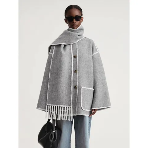 Giacca Sciarpa in Misto Lana da Donna Collo Sciarpa Integrato Allentato Punto Coperta Nappa Cappotto di Lana Autunno Inverno