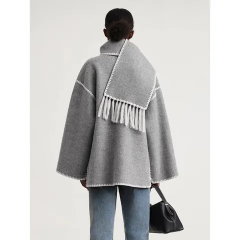Giacca Sciarpa in Misto Lana da Donna Collo Sciarpa Integrato Allentato Punto Coperta Nappa Cappotto di Lana Autunno Inverno