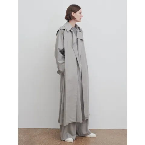 Women Minimalist Wool Long Hooded Trench Coat With Belt Grey Loose Casual Autumn Winter Overcoat Solid Color Outwear