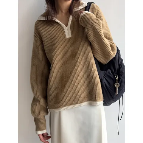 Women's Loose Wool Knitted Polo Sweater Long Sleeve Contrast Trim Pullover Top Casual Autumn Winter Knitwear