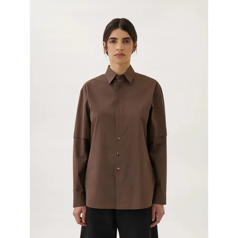 Chemise en Coton à Manches Longues pour Femmes Minimaliste Revers Boutonnage Simple Blouse Couleur Unie Marron Café Bureau