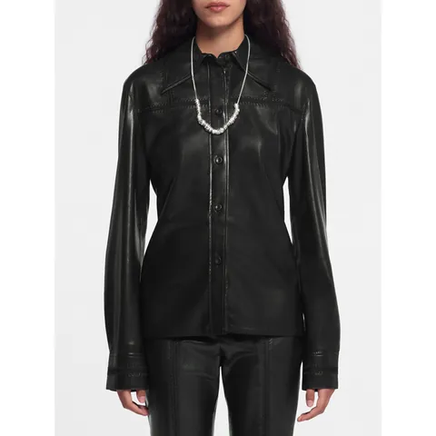 Women PU Leather Long Sleeve Shirt Button Down Lapel Solid Color Commuting Style Elegant Top For Daily Office Work Wear