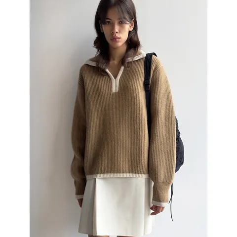Women's Loose Wool Knitted Polo Sweater Long Sleeve Contrast Trim Pullover Top Casual Autumn Winter Knitwear