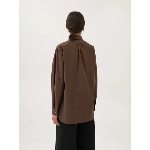 Chemise en Coton à Manches Longues pour Femmes Minimaliste Revers Boutonnage Simple Blouse Couleur Unie Marron Café Bureau