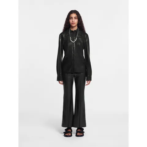 Women PU Leather Long Sleeve Shirt Button Down Lapel Solid Color Commuting Style Elegant Top For Daily Office Work Wear