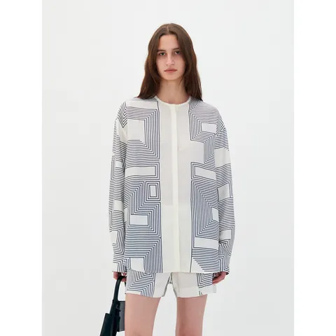 Camisa de Manga Larga con Estampado de Laberinto Geométrico de Estilo Coreano para Mujer y Pantalones Cortos a Juego de Poliéster