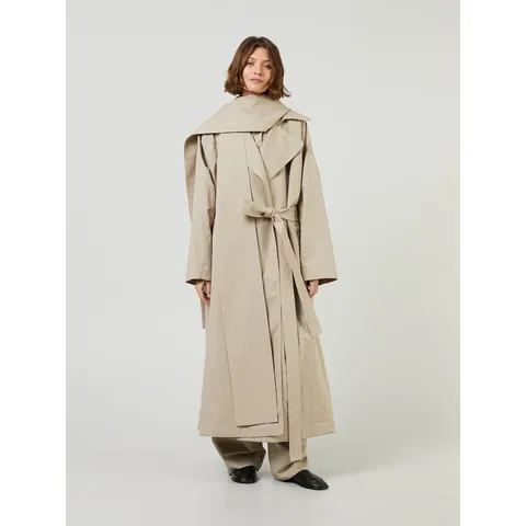 Minimalistischer Khaki Langer Grabenmantel Für Damen Mit Abnehmbarer Kapuze Gürtel Baumwollmischung Winddicht Lässige Jacke