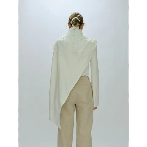 Camiseta Minimalista de Mezcla de Algodón para Mujer con Capas Asimétricas Cuello Alto Manga Acampanada Top de Manga Larga