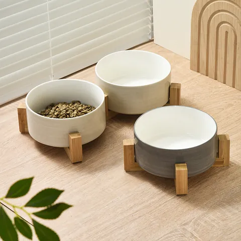Nordic Ceramic Pet Bowl With Elevated Wood Stand Anti-Topple Cat Dog Feeding Watering Dish Non-Slip Neck Protection Ceramic Bowl For Cats Small Dogs