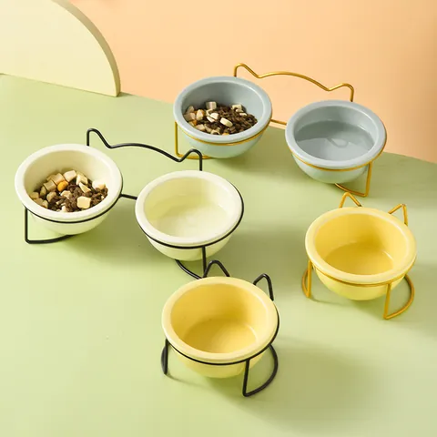 Ceramic Cat Bowl With Cat Ear Iron Stand Elevated Pet Feeder For Small Dogs Cats Water Food Dish Ergonomic Neck Protection