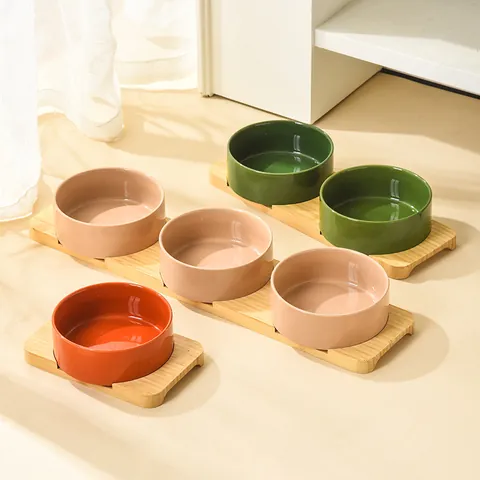 Ceramic Cat Bowl Bamboo Stand Raised Pet Feeding Station For Cats Small Dogs Modern Minimalist Solid Color Food Water Dish