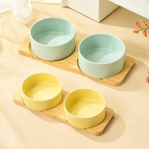 Ceramic Cat Bowl Bamboo Stand Raised Pet Feeding Station For Cats Small Dogs Modern Minimalist Solid Color Food Water Dish