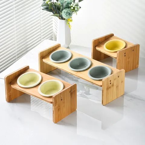 Keramiek Kattenbak Met Verhoogde Bamboe Standaard Schuine Voerbak Voor Kleine Honden Katten Nekbescherming Moderne Noorse Stijl Voer En Waterbak Set