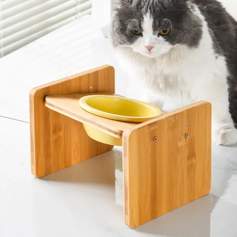 Keramiek Kattenbak Met Verhoogde Bamboe Standaard Schuine Voerbak Voor Kleine Honden Katten Nekbescherming Moderne Noorse Stijl Voer En Waterbak Set