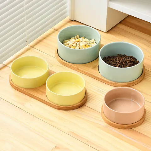 Elevated Ceramic Cat Bowl With Bamboo Wood Stand For Neck Protection Macaron Color Pet Food Water Bowl For Cats Small Dogs