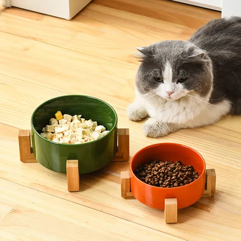 Moderne Keramische Huisdier Voederbak Met Verhoogde Houten Standaard Glanzend Glazuur Kat Hond Voer Waterbak Voor Katten Kleine Honden