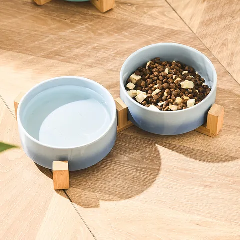 Elevated Ceramic Pet Bowl And Wooden Stand Gradient Blue Green For Cat Dog Daily Feeding Neck Protection Tableware