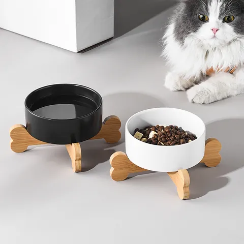 Ciotola in Ceramica Sopraelevata per Gatti Supporto in Legno a Forma di Osso Ciotola per Cani Protezione del Collo Gatti